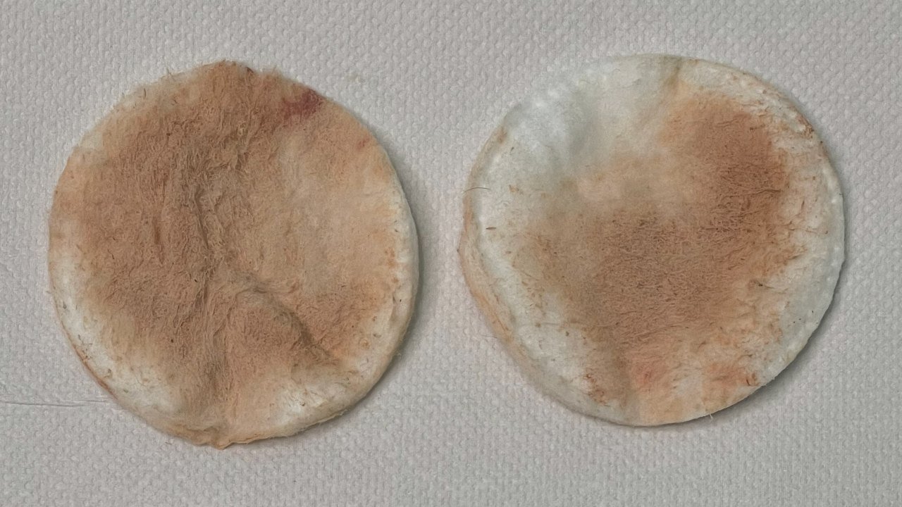 Cotton pads after make-up removal before a facial at BeCammo, Malta