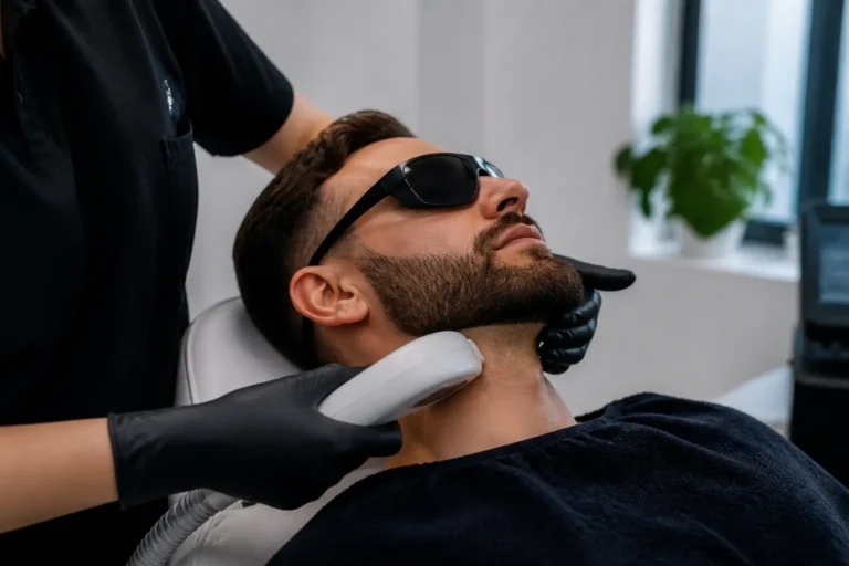 Editorial cover photograph about beard laser hair removal neckline