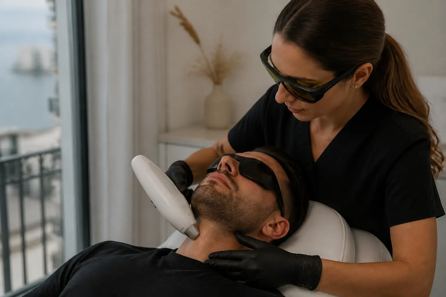 Supporting editorial photograph about beard laser hair removal neckline