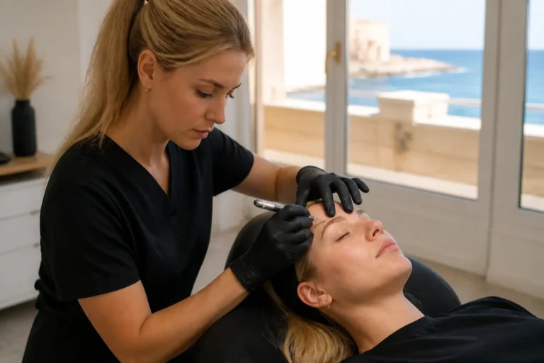 Editorial cover photograph about microblading for blonde eyebrows