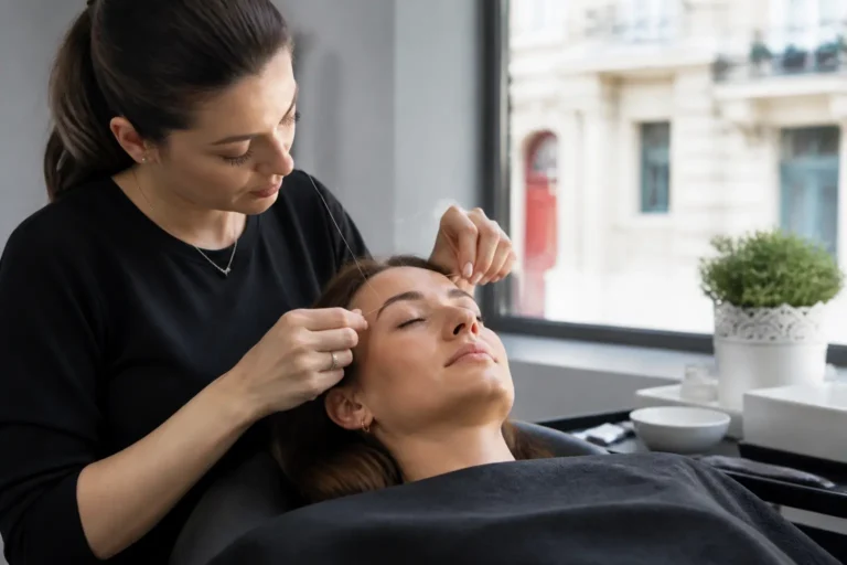 Editorial cover photograph about brow lamination and threading