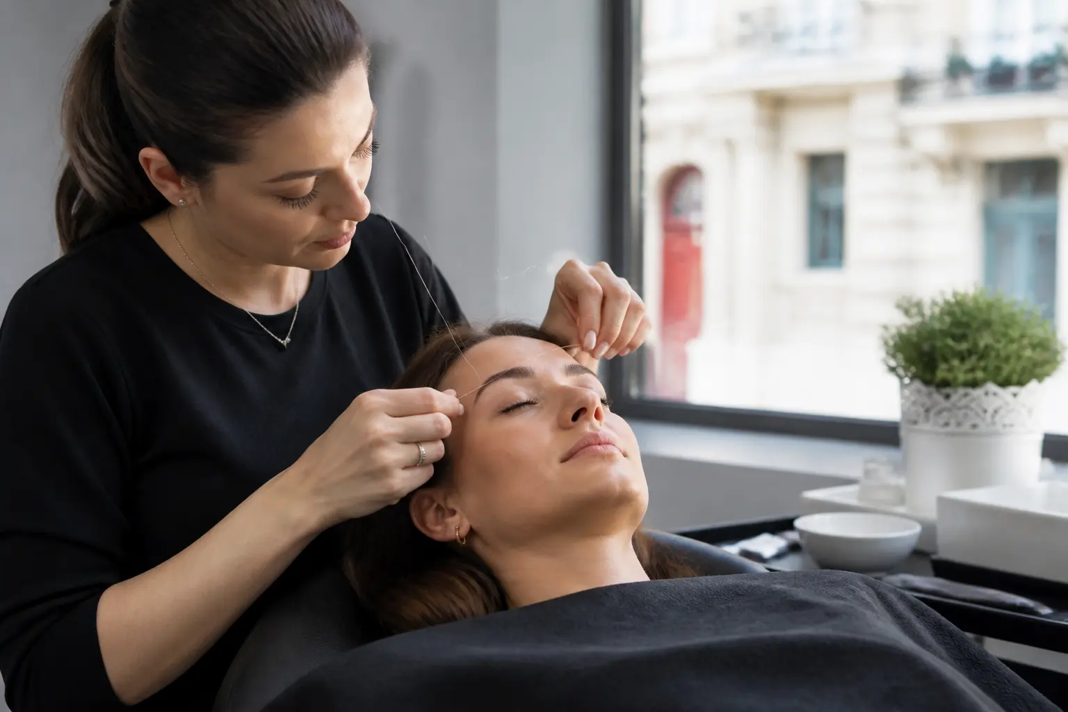 Editorial cover photograph about brow lamination and threading