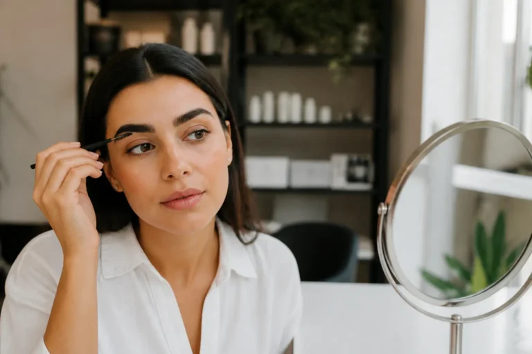 Editorial cover photograph about brow lamination vs soap brows