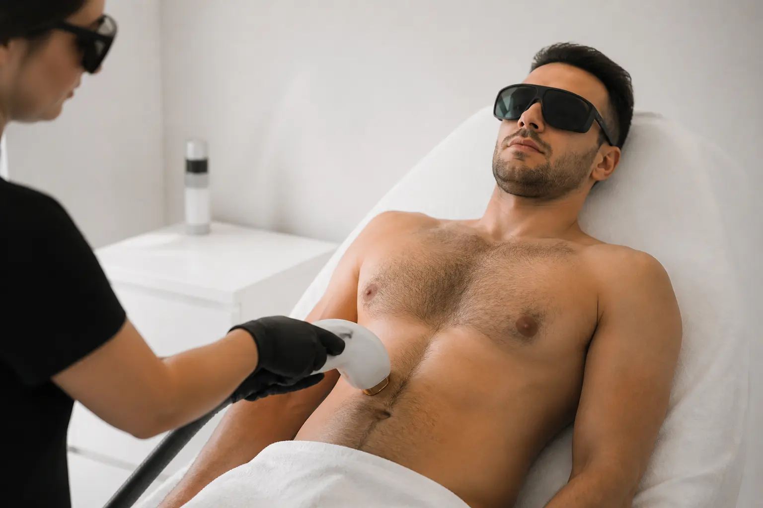 Editorial cover photograph about chest and abdomen laser hair removal for men