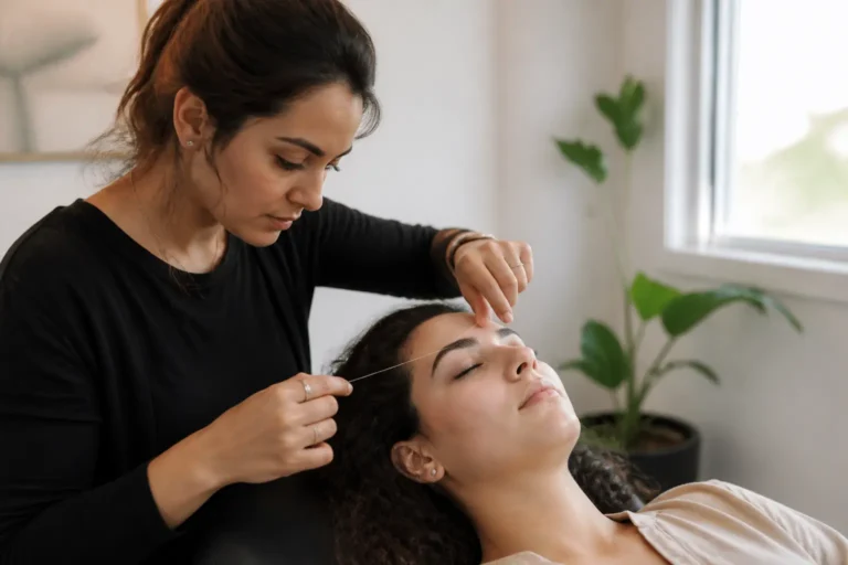 Editorial cover photograph about threading for curly eyebrow hairs