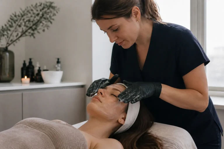 Editorial cover photograph about deep cleansing facial vs at-home exfoliation