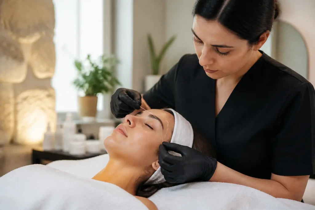 Editorial cover photograph about dermaplaning and eyebrow threading
