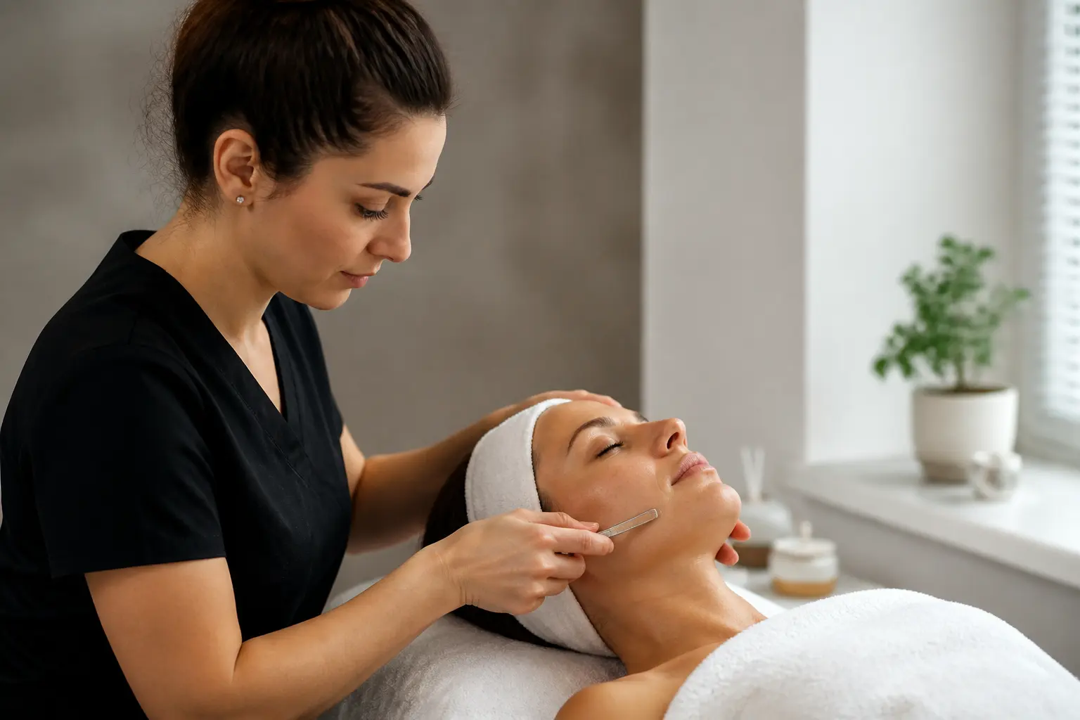 Editorial cover photograph about dermaplaning before spray tan
