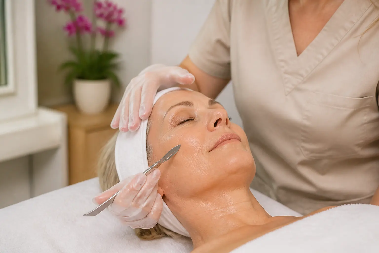 Editorial cover photograph about dermaplaning for mature skin