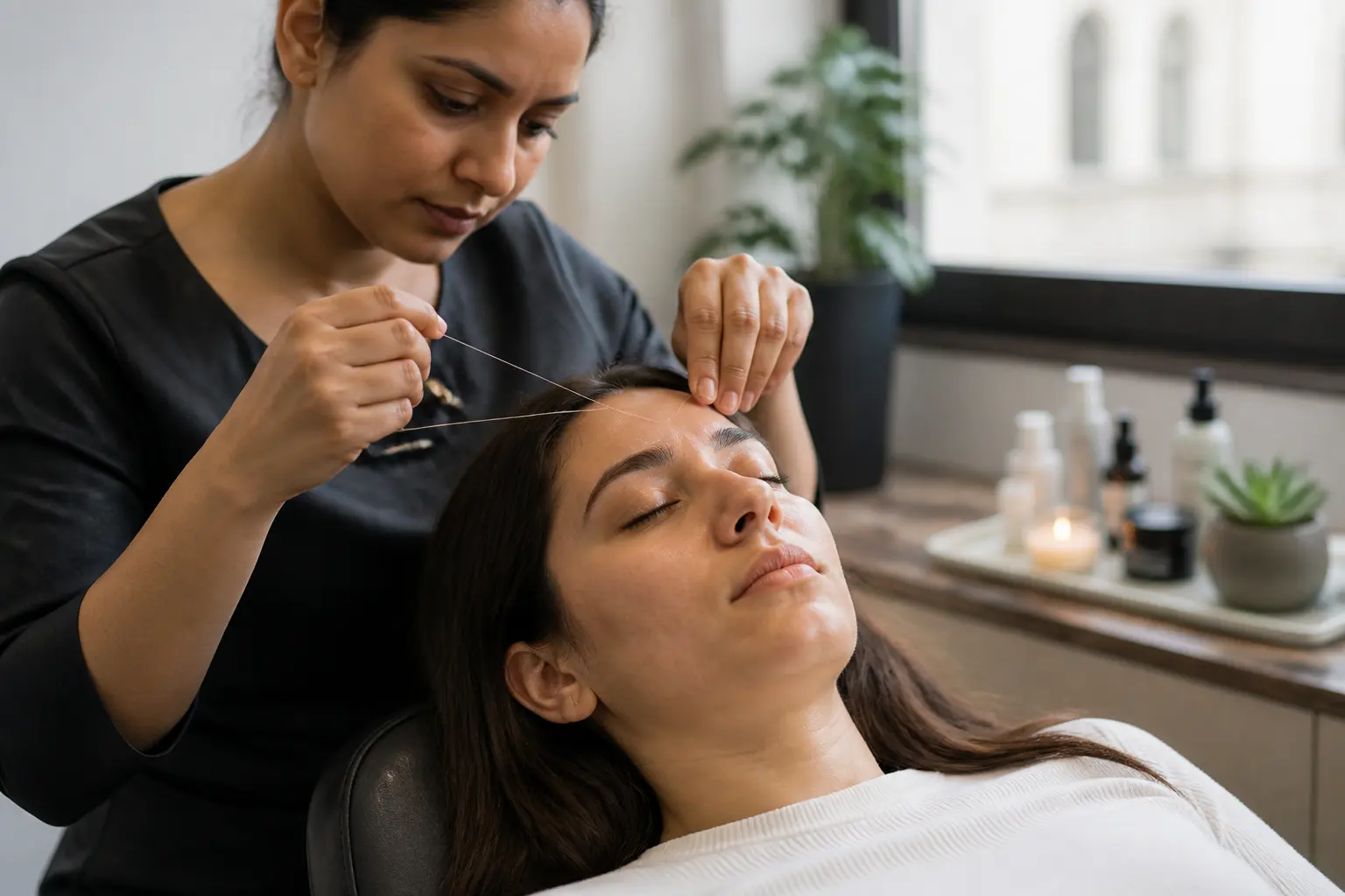 Supporting editorial photograph about eyebrow threading for acne-prone skin