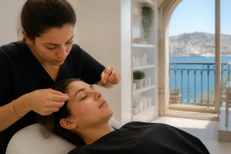 Editorial cover photograph about eyebrow threading after sun exposure