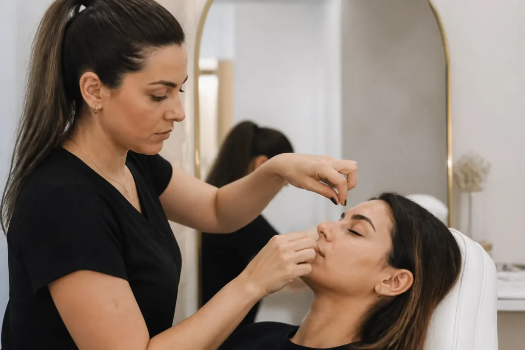 Editorial cover photograph about eyebrow threading with a scar