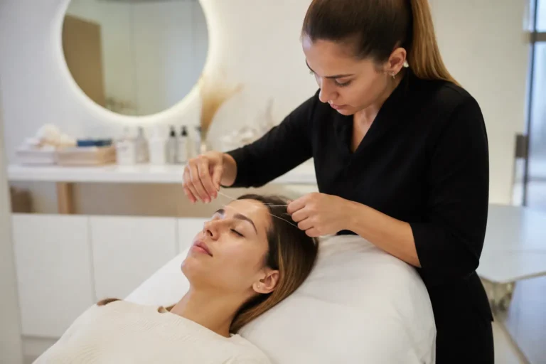 Editorial cover photograph about eyebrow threading with brow growth serum