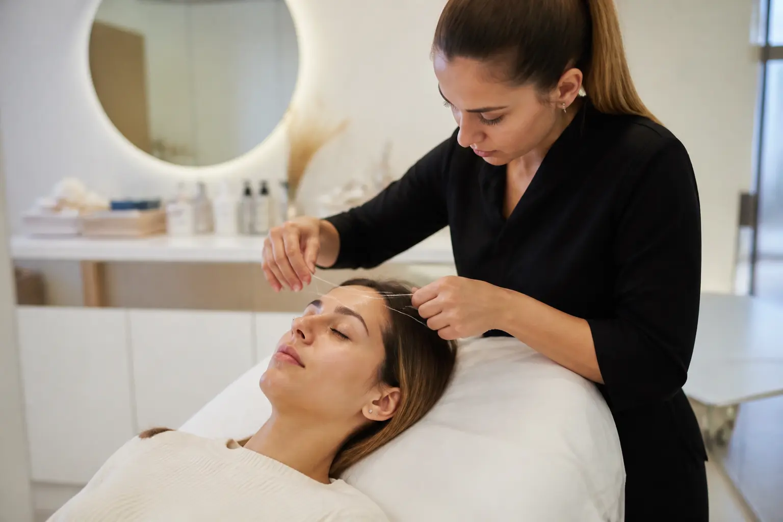 Editorial cover photograph about eyebrow threading with brow growth serum