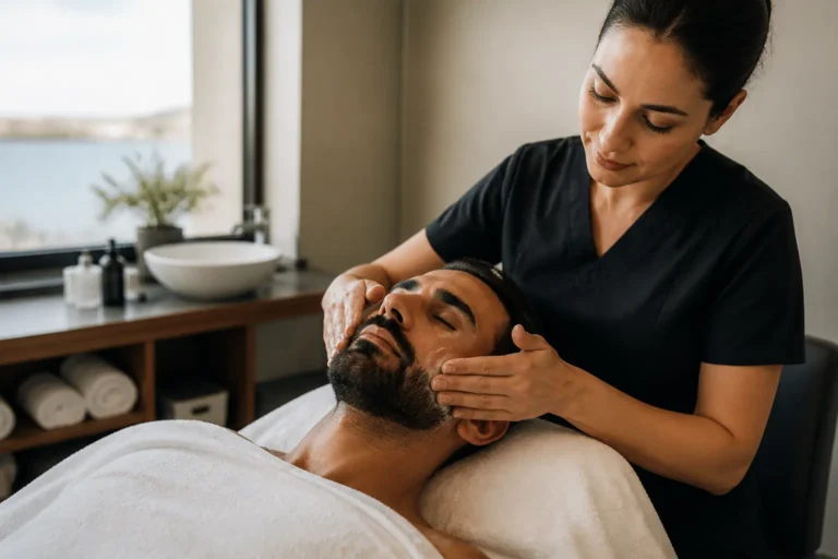 Editorial cover photograph about facials for men with beards