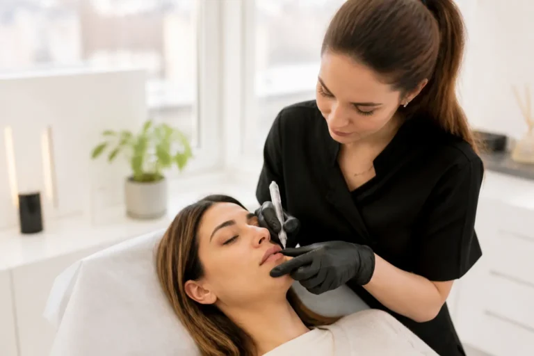 Editorial cover photograph about lip micropigmentation touch-up