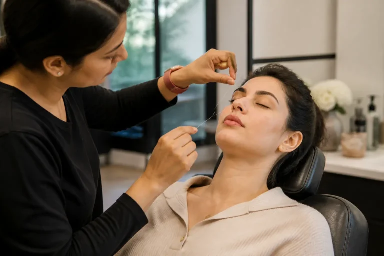 Editorial cover photograph about full face threading appointment