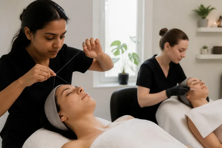 Editorial cover photograph about full-face threading vs dermaplaning