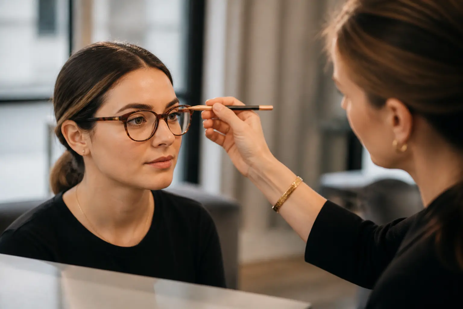 Supporting editorial photograph about brow shape for glasses wearers
