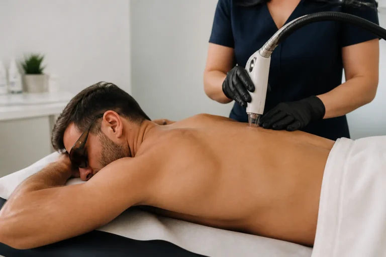 Editorial cover photograph about laser hair removal for men's back and shoulders