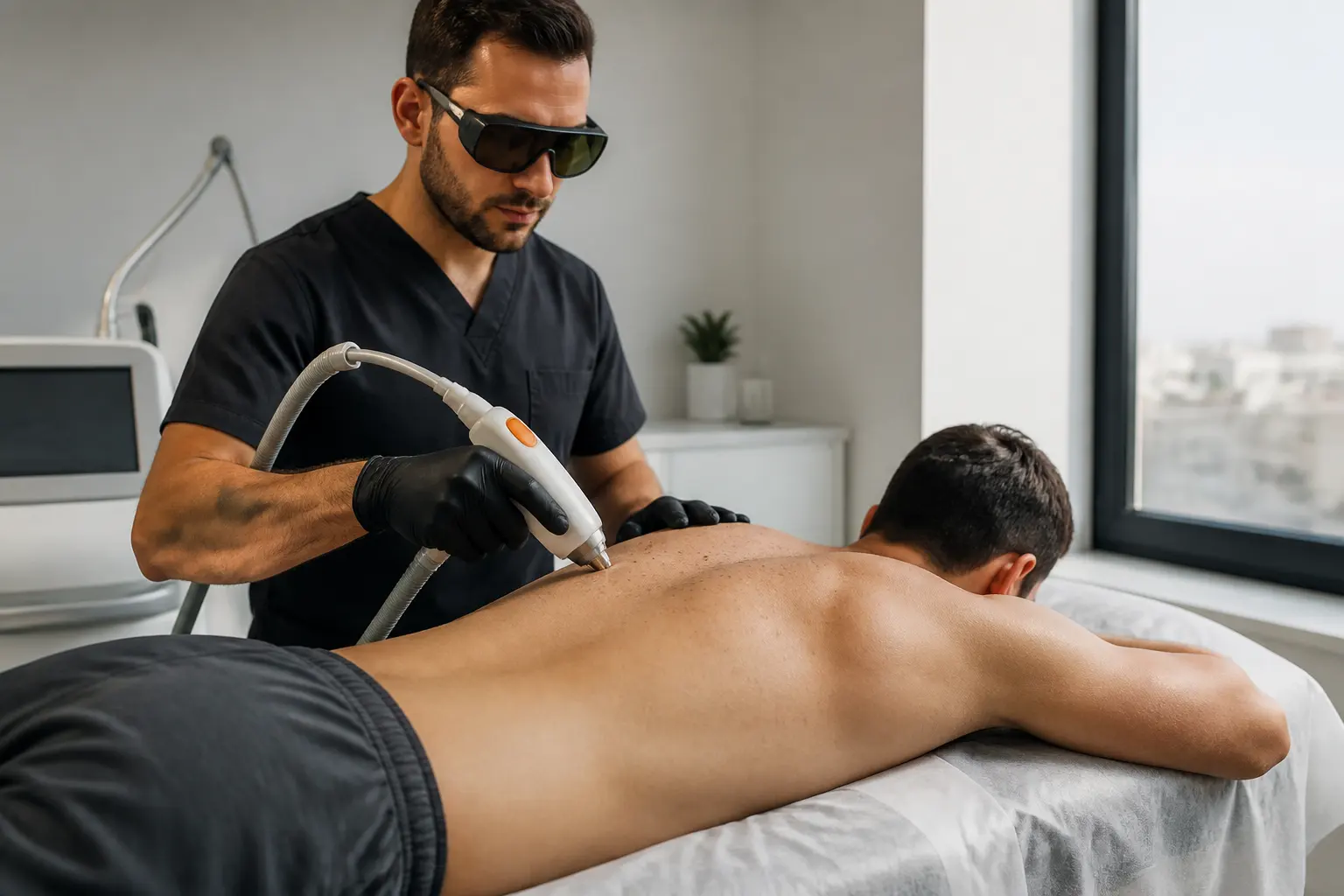 Supporting editorial photograph about laser hair removal for men's back and shoulders