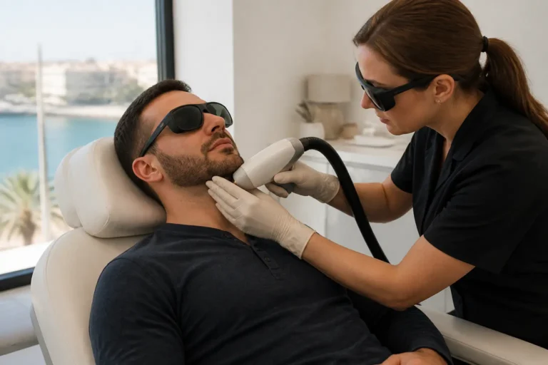 Editorial cover photograph about laser hair removal for men's beard lines