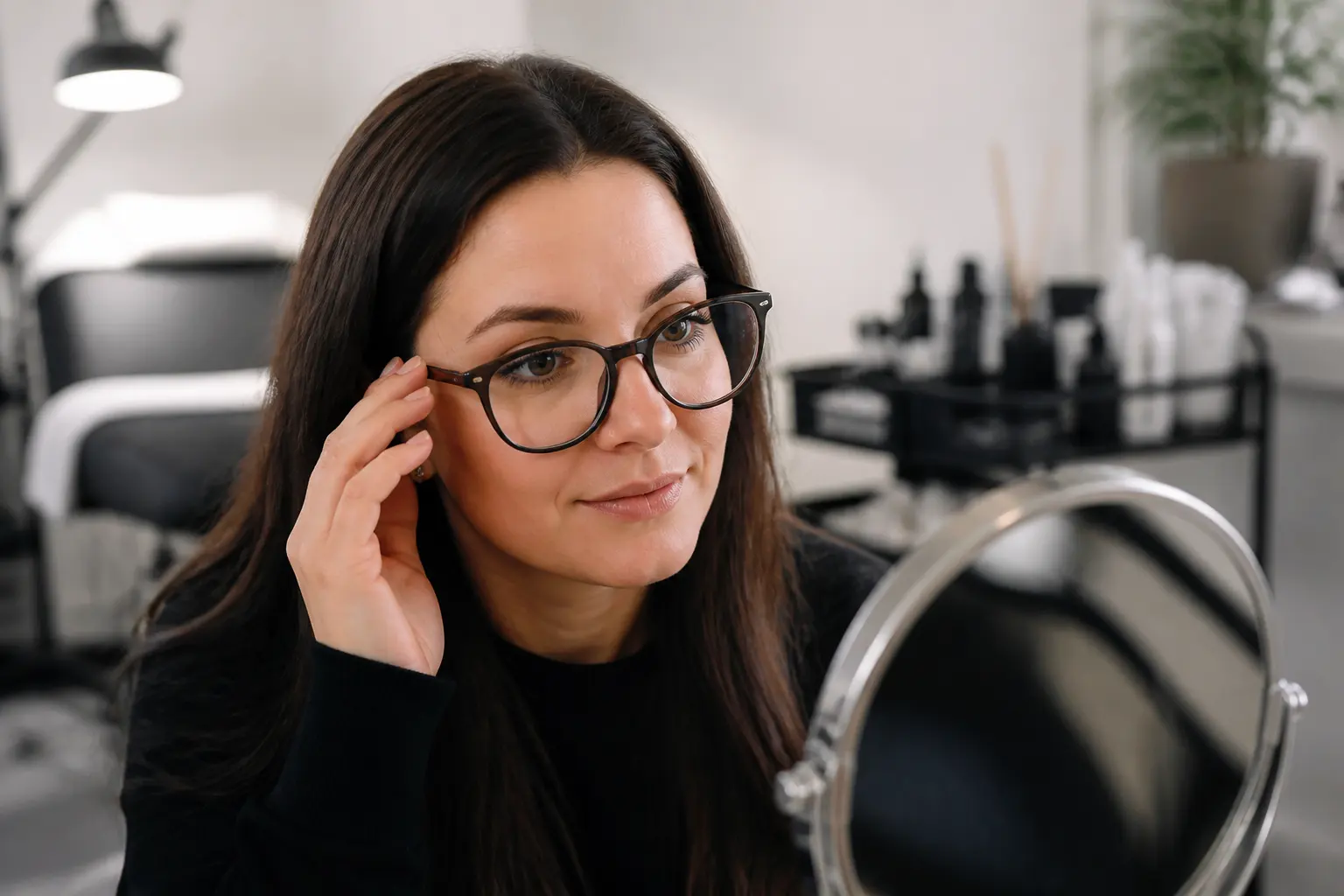 Supporting editorial photograph about lash extensions with glasses
