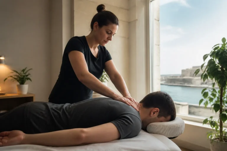 Editorial cover photograph about massage for tech neck