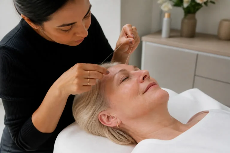 Editorial cover photograph about threading for mature brows