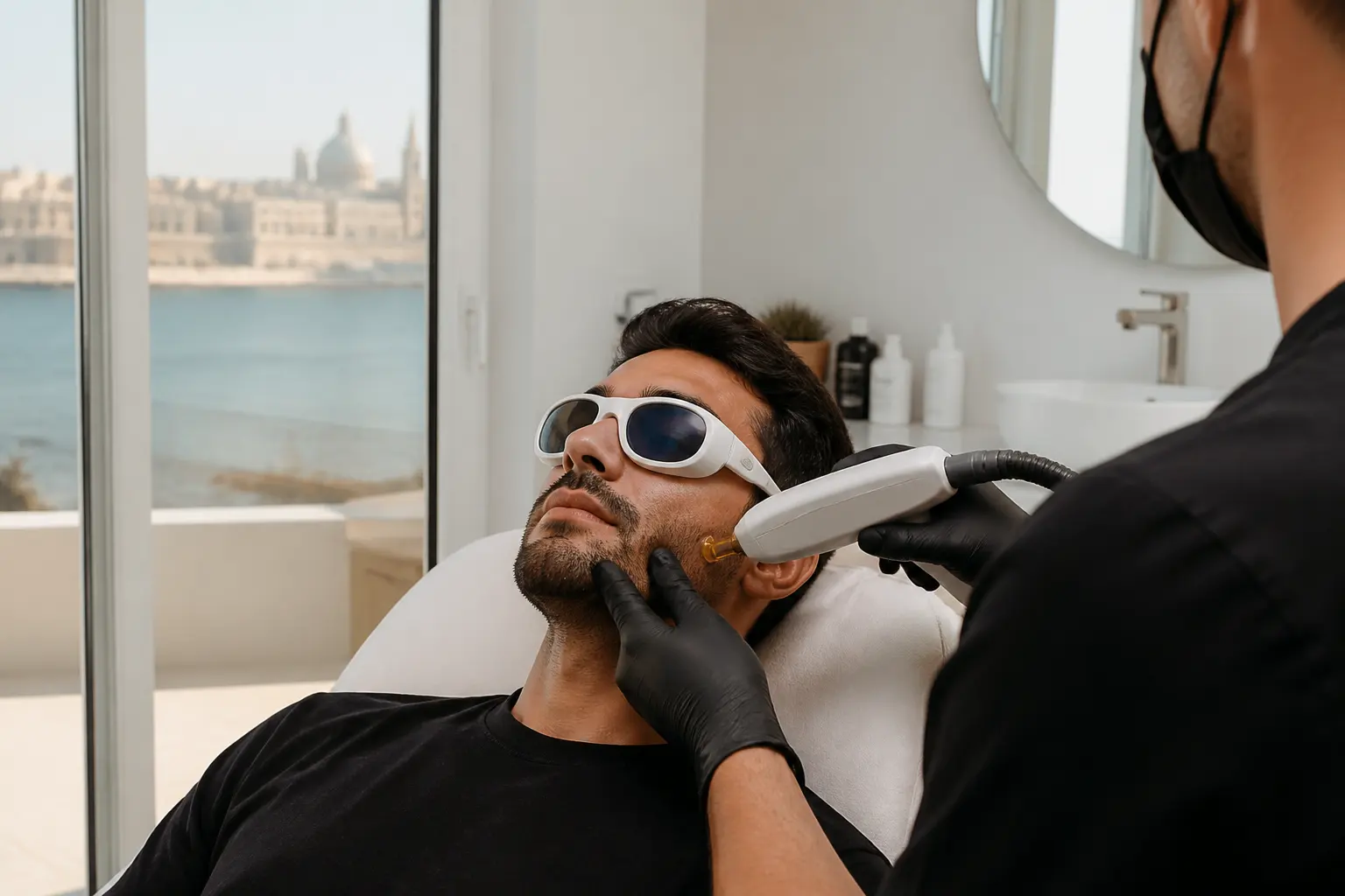 Editorial cover photograph about men's facial laser hair removal