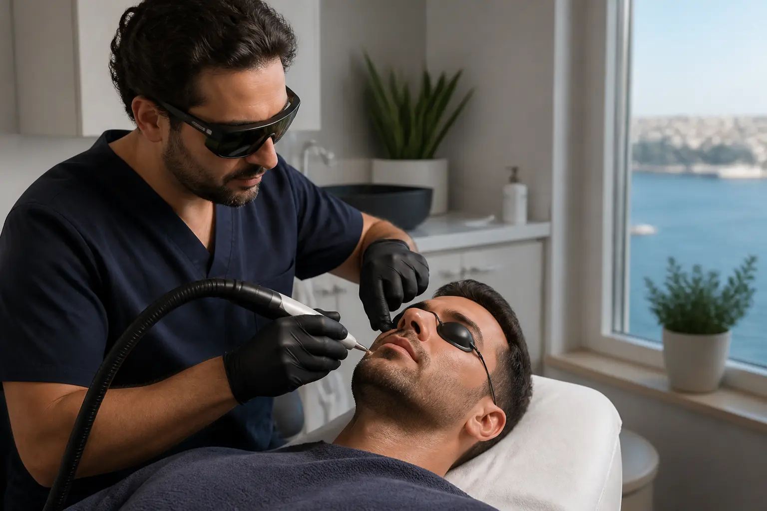 Supporting editorial photograph about men's facial laser hair removal