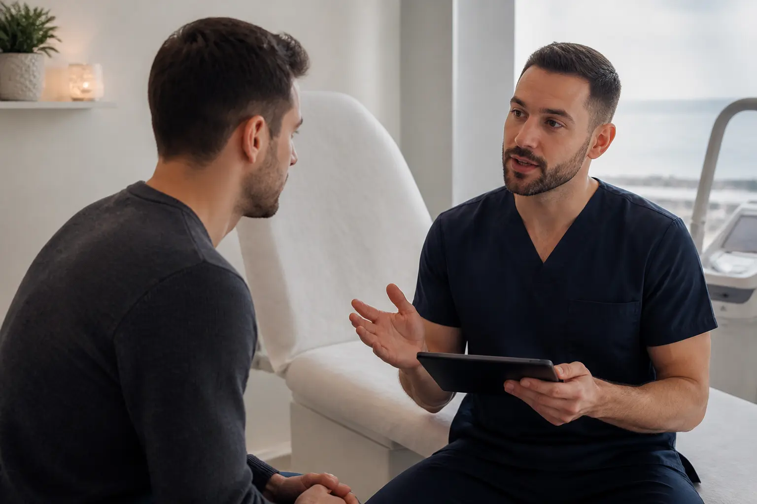 Editorial cover photograph about men's laser hair removal consultation