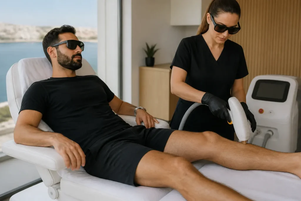 Editorial cover photograph about men's laser hair removal sessions