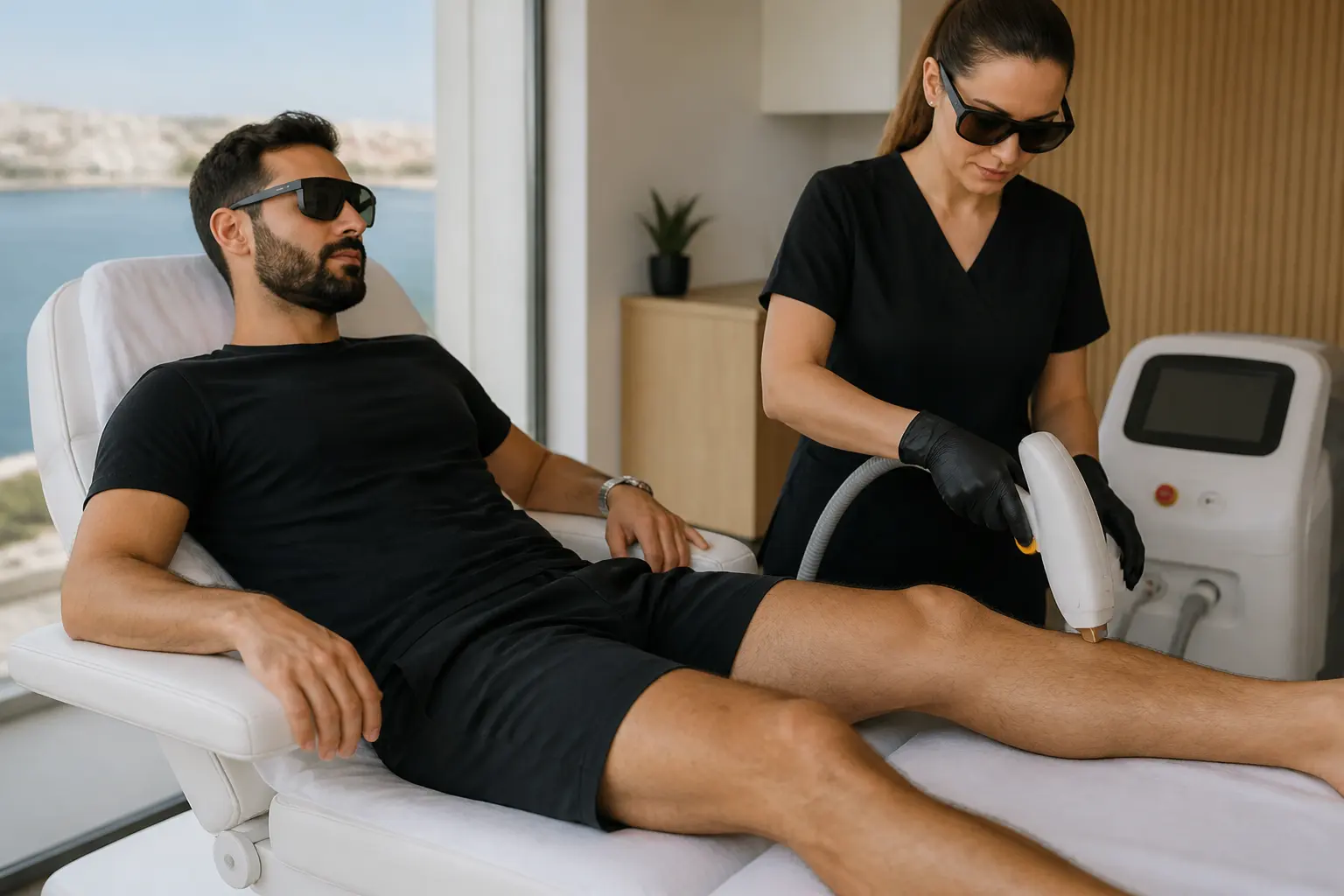 Editorial cover photograph about men's laser hair removal sessions
