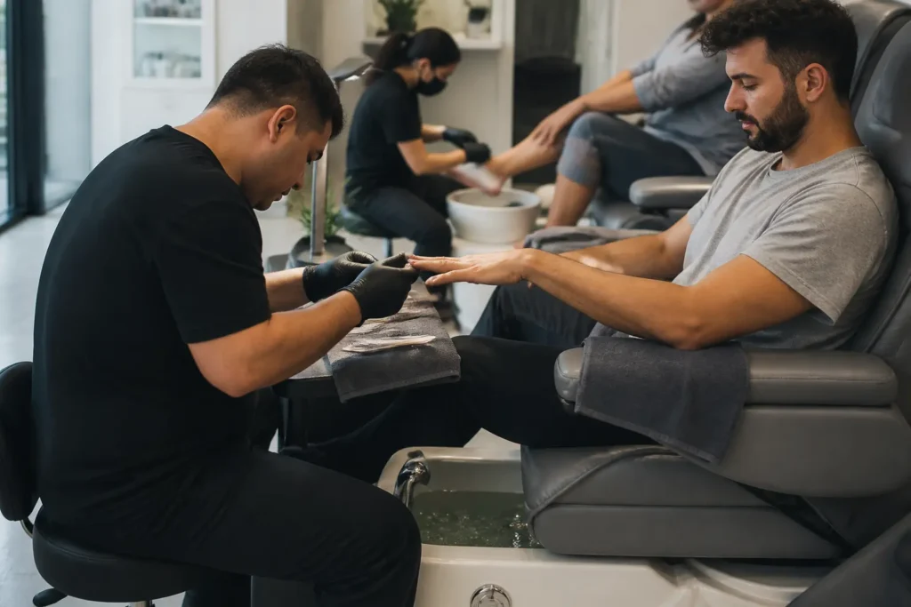 Editorial cover photograph about men's manicure and pedicure