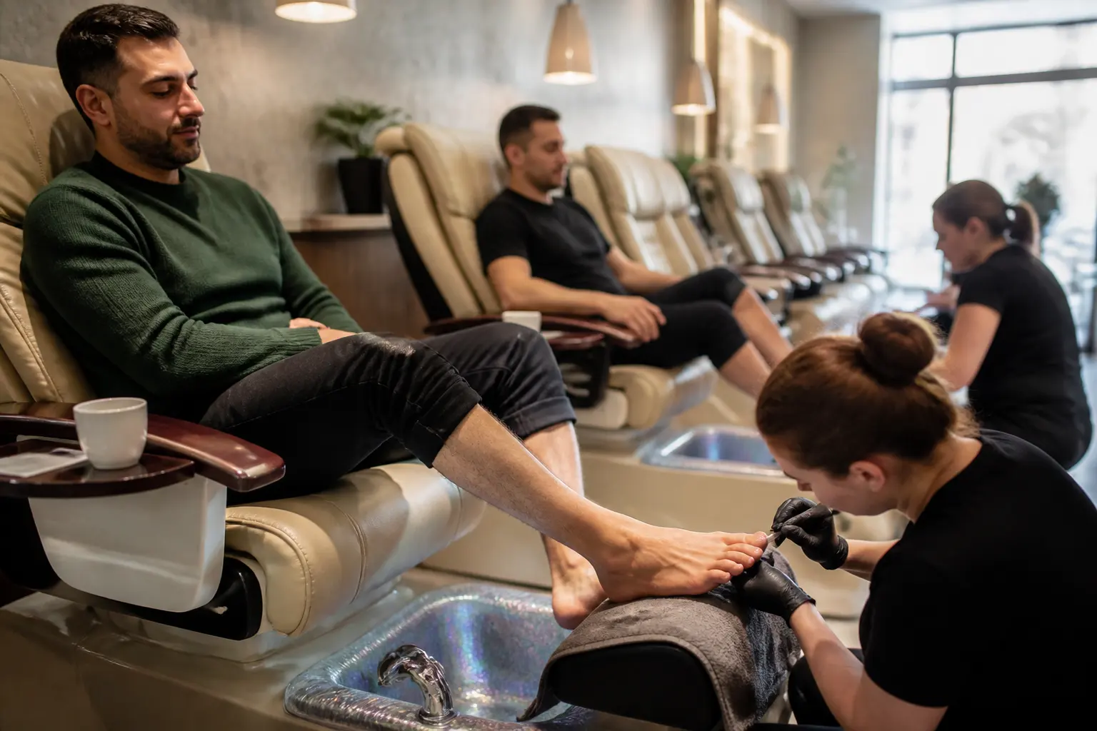 Supporting editorial photograph about men's manicure and pedicure