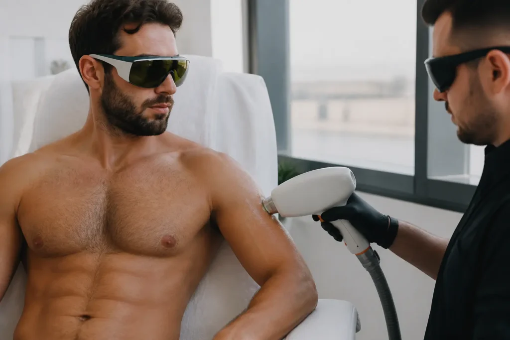 Editorial cover photograph about men's shoulder laser hair removal