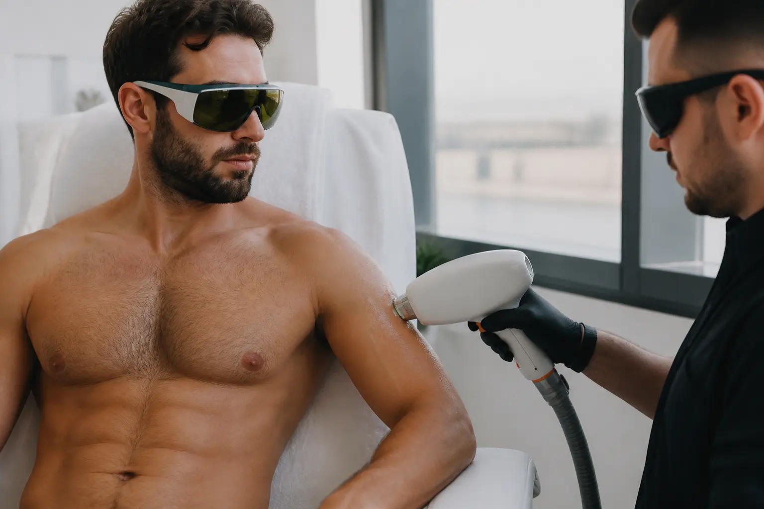 Editorial cover photograph about men's shoulder laser hair removal