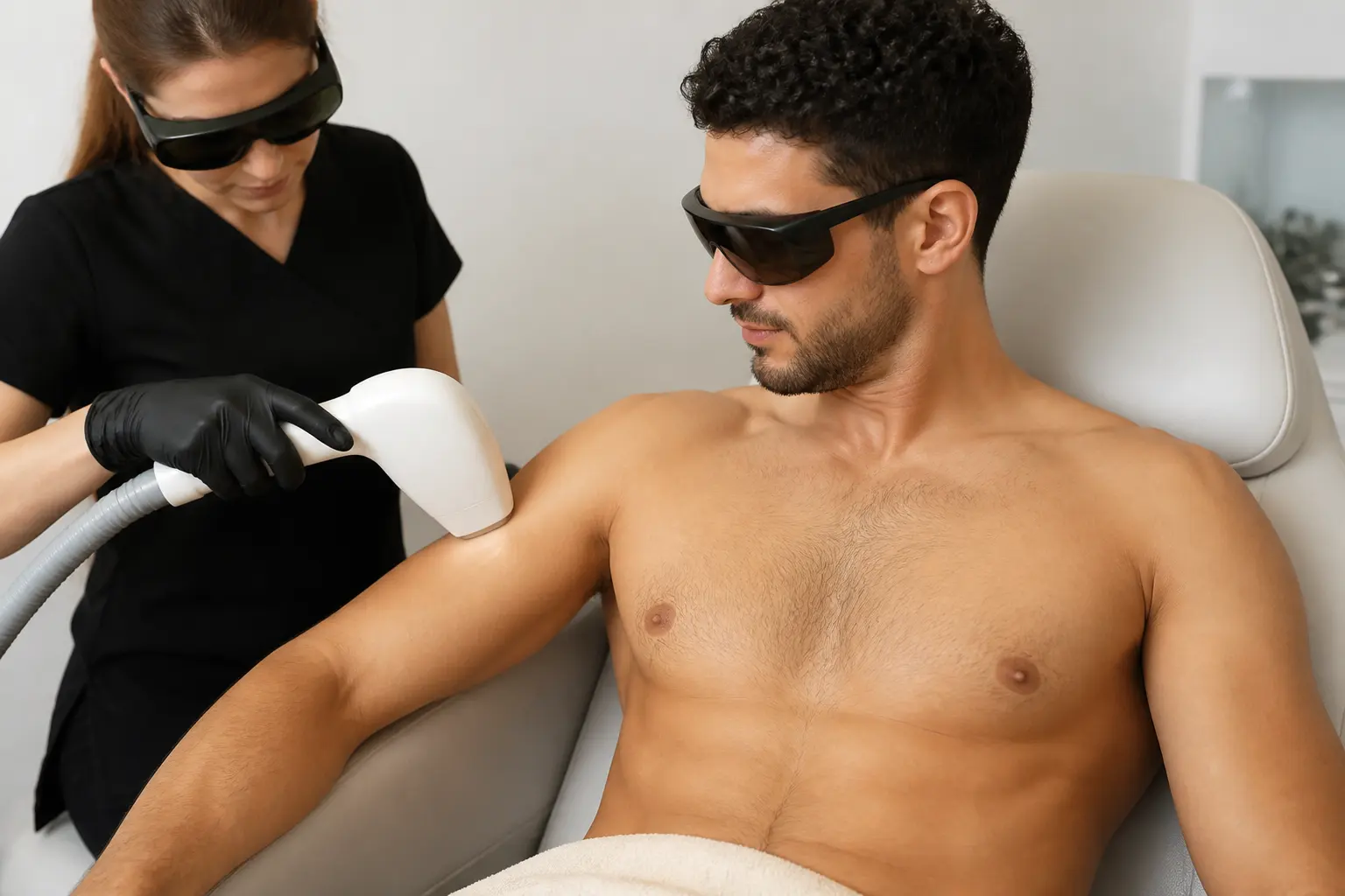 Supporting editorial photograph about men's shoulder laser hair removal