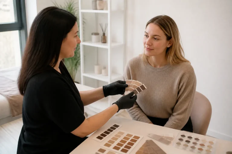 Editorial cover photograph about microblading colour matching