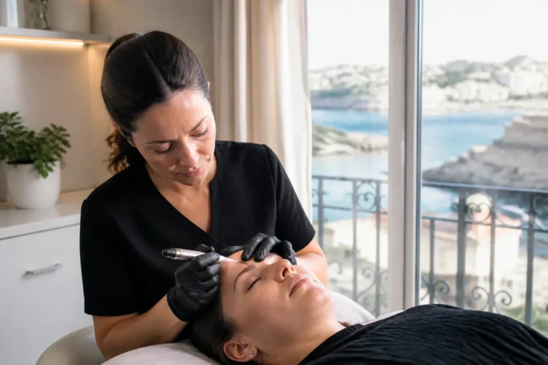 Editorial cover photograph about microblading over old faded pigment