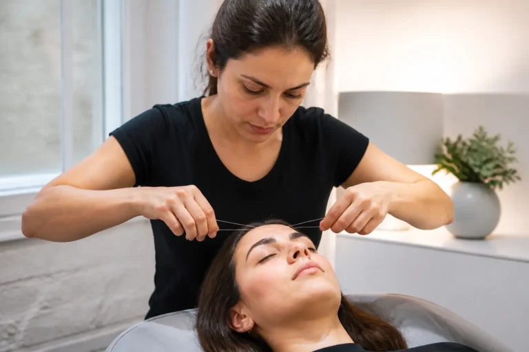 Editorial cover photograph about natural brows with threading