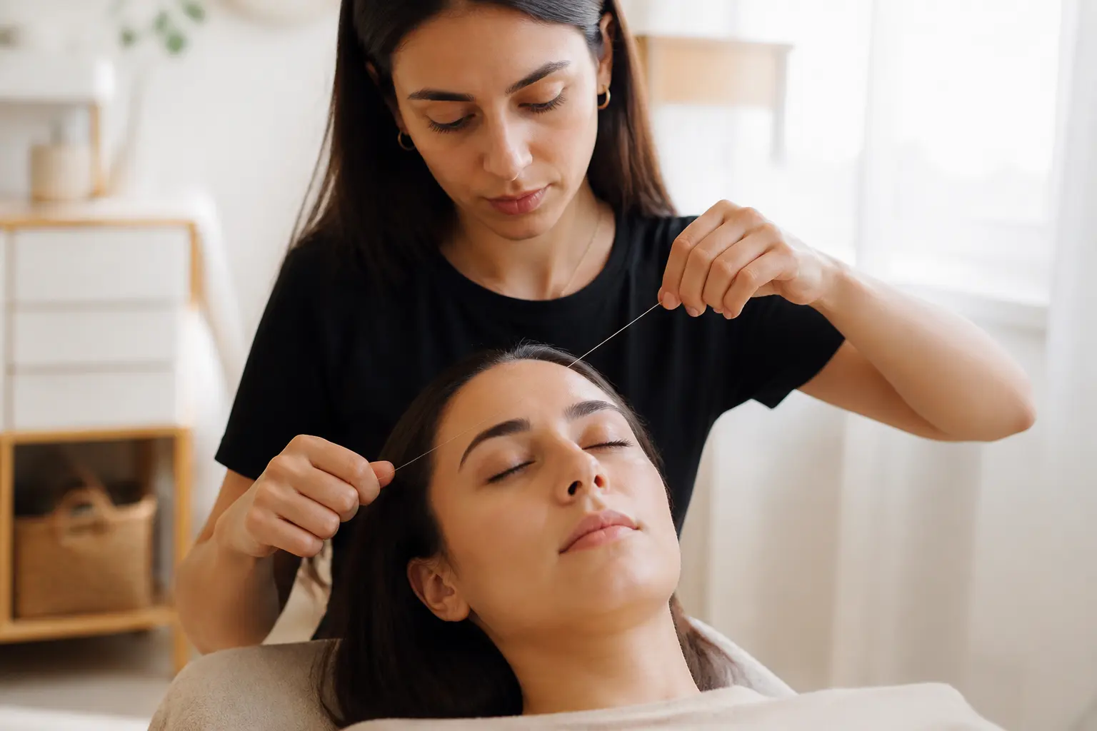 Editorial cover photograph about forehead and neck hairline threading