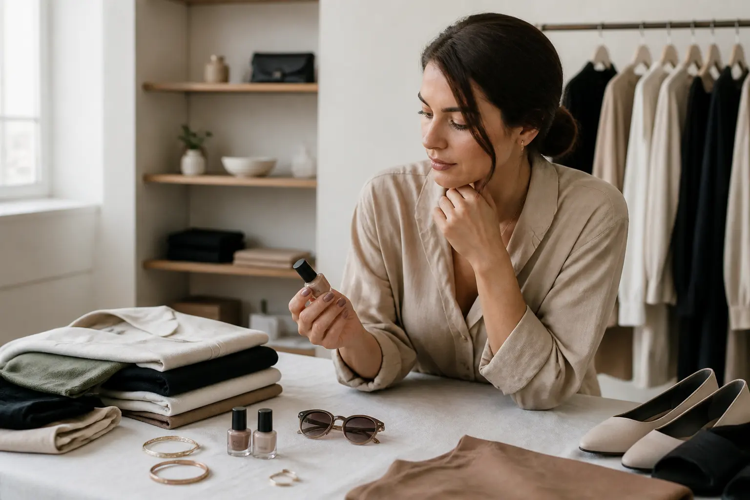 Editorial cover photograph about neutral nail colours for a capsule wardrobe