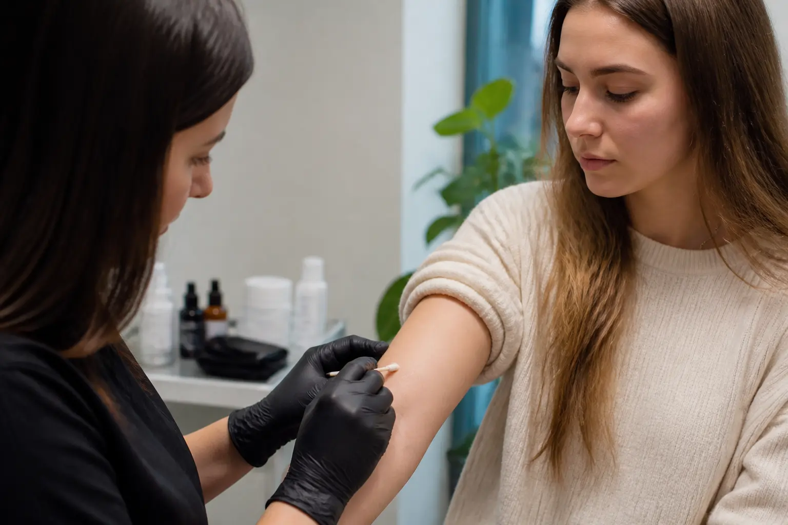 Supporting editorial photograph about patch test before brow lamination