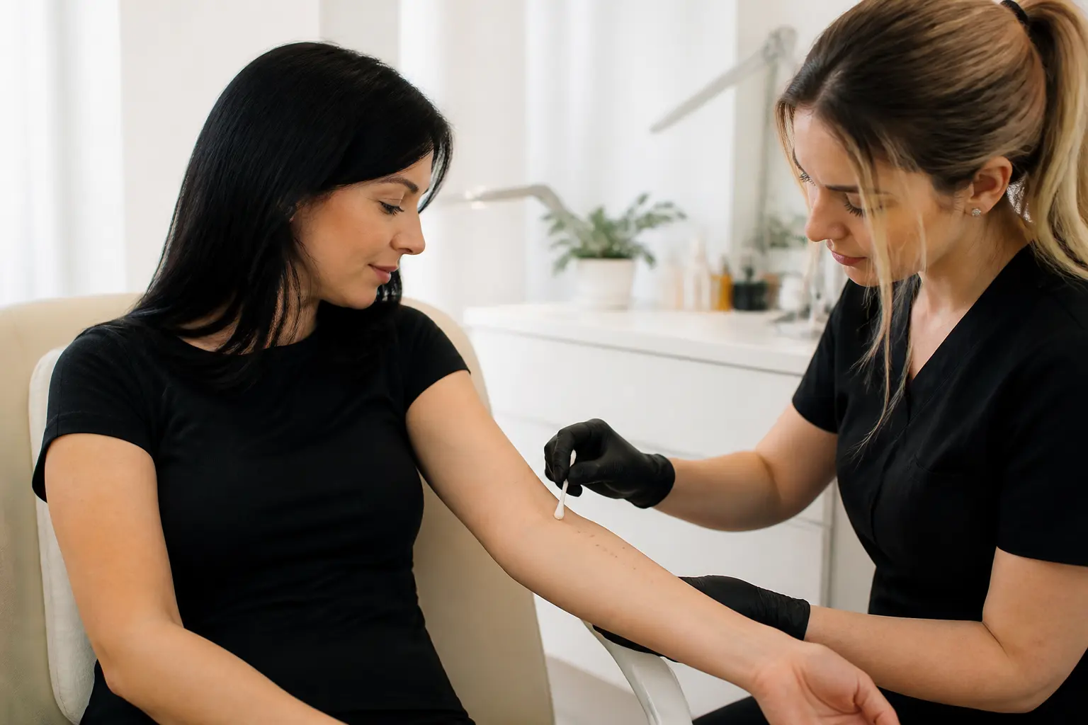 Editorial cover photograph about patch test before semi-permanent make-up