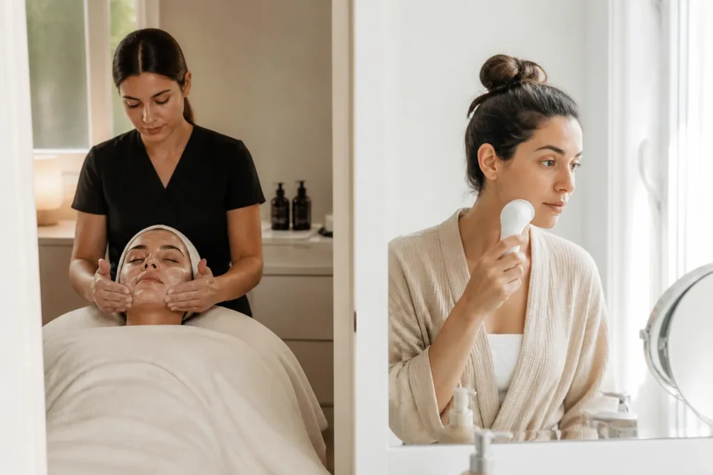 Editorial cover photograph about professional facial vs at-home skincare