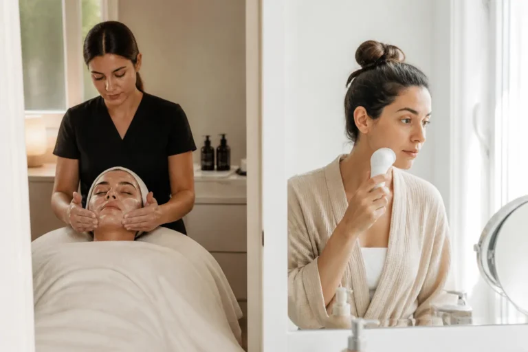 Editorial cover photograph about professional facial vs at-home skincare