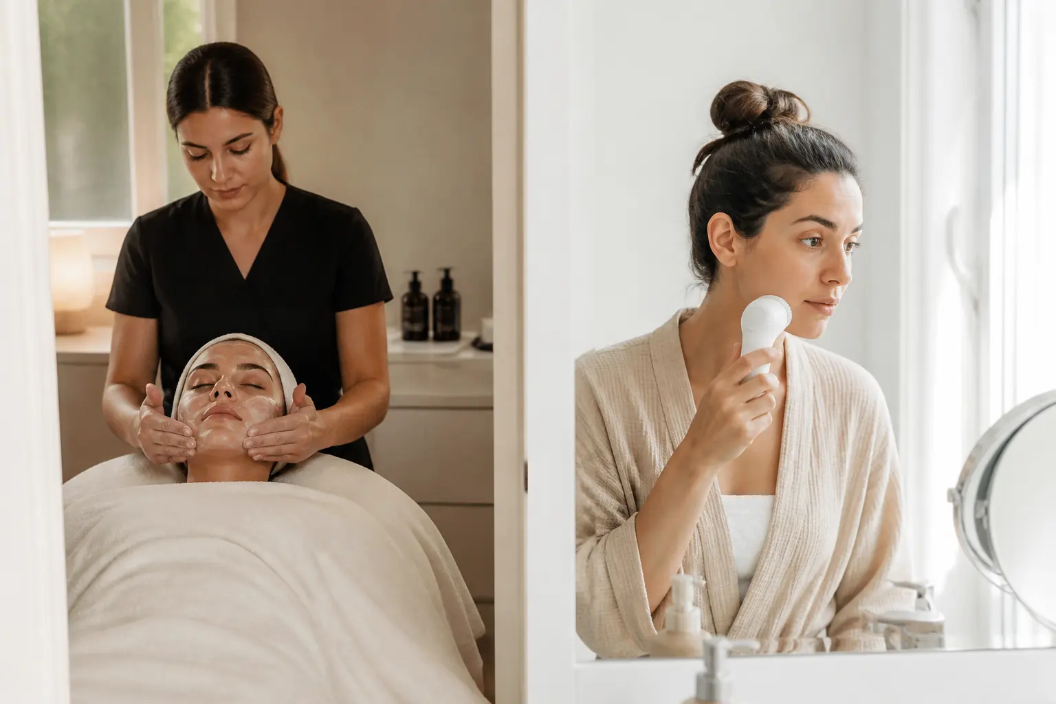 Editorial cover photograph about professional facial vs at-home skincare