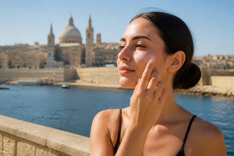 Editorial cover photograph about microblading sun protection Malta